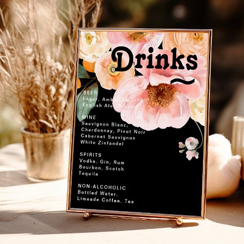Bold Colorful Floral  Black Wedding Drinks Menu Poster