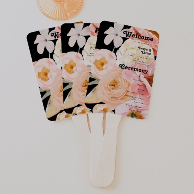 Bold Colorful Floral | Black Wedding Program Hand Fan (Creator Uploaded)