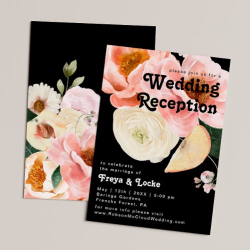 Bold Colorful Floral  Black Wedding Reception Invitation