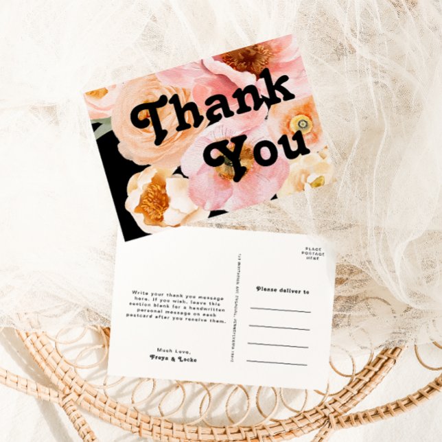 Bold Colorful Floral | Black Wedding Thank You Postcard (Creator Uploaded)