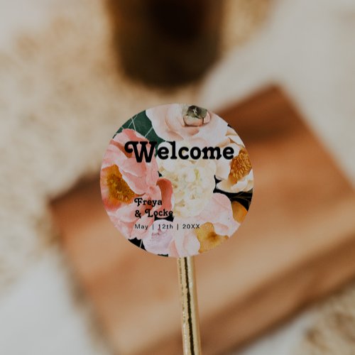 Bold Colorful Floral  Black Wedding Welcome Classic Round Sticker