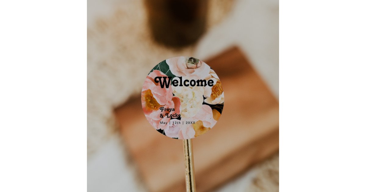 Bold Colorful Floral | Black Wedding Welcome Classic Round Sticker | Zazzle