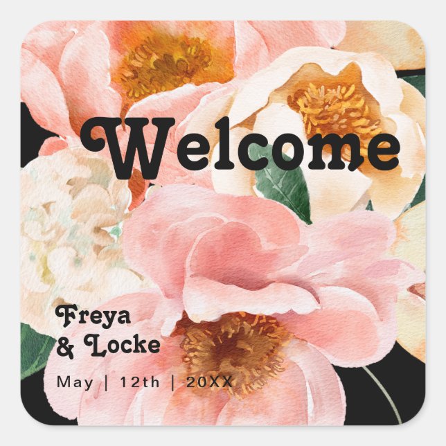 Bold Colorful Floral | Black Wedding Welcome Square Sticker (Front)