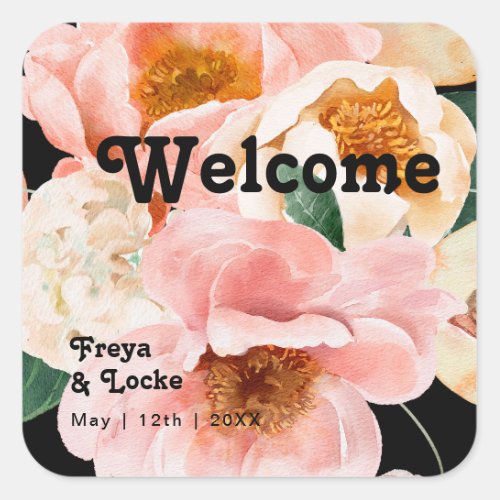 Bold Colorful Floral  Black Wedding Welcome Square Sticker