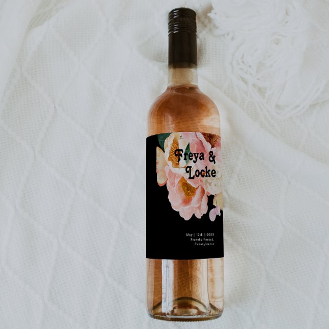 Bold Colorful Floral | Black Wedding Wine Label (Creator Uploaded)