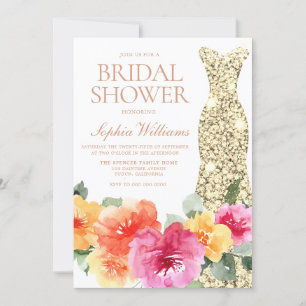 Bold Colorful Floral Gold Dress Bridal Shower Invitation