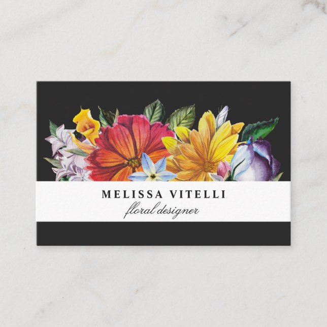 Bold Colorful Floral on Black Business Card (Front)