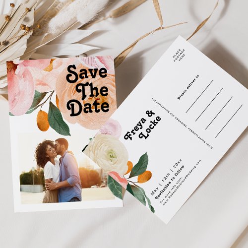 Bold Colorful Floral  Photo Save The Date Invitation Postcard