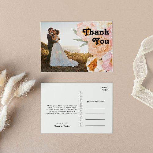 Bold Colorful Floral  Photo Wedding Thank You Postcard
