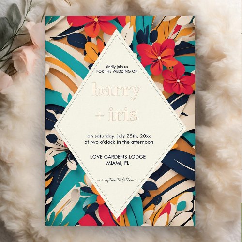 Bold Colorful Floral Retro Wedding Foil Invitation