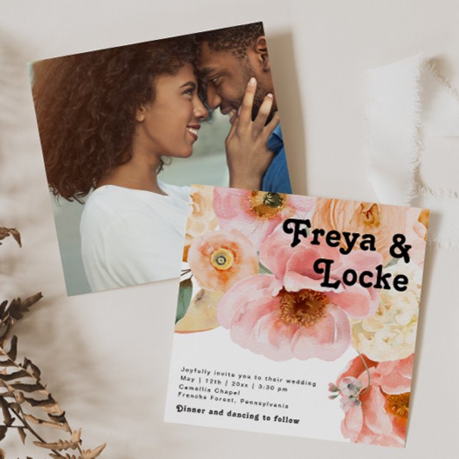 Bold Colorful Floral | Square Photo Wedding Invitation (Creator Uploaded)