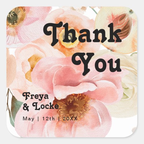 Bold Colorful Floral  Thank You Wedding Favor Square Sticker