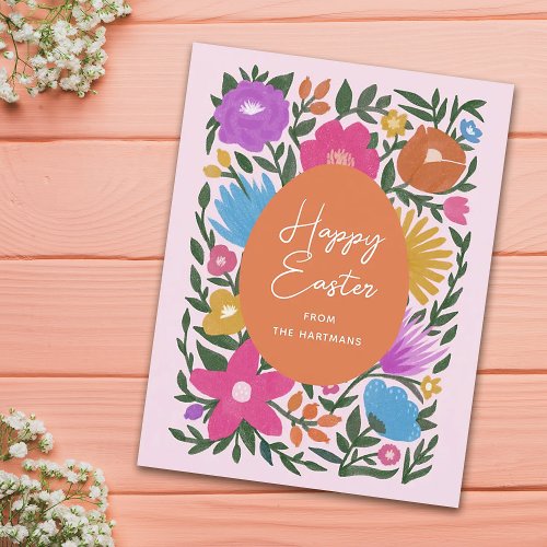 Bold Colorful Florals Happy Easter  Orange Egg Holiday Postcard