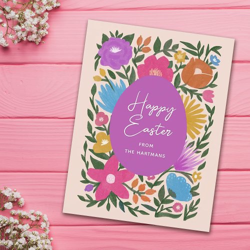 Bold Colorful Florals Happy Easter  Orange Egg  Holiday Postcard