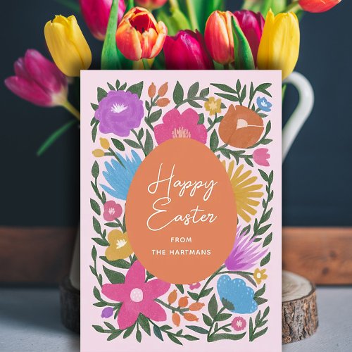 Bold Colorful Florals Stylish Easter  Orange Egg  Holiday Card