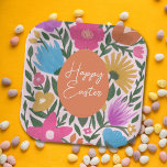 Bold Colorful Florals Stylish Easter | Orange Egg  Paper Plates<br><div class="desc">These beautiful Easter paper plates feature a hand drawn floral design in magenta pink,  purple,  orange,  golden yellow,  blue,  and green over a custom color background (shown in light pink). Stylish text reading,  "Happy Easter" stands out against an orange Easter egg.</div>