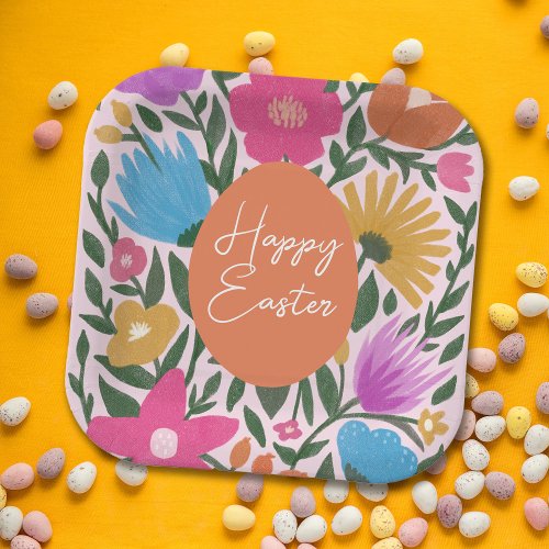 Bold Colorful Florals Stylish Easter  Orange Egg  Paper Plates