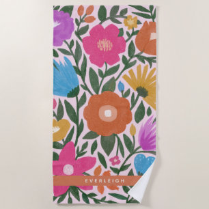 Bold Colorful Flowers Girls Name Beach Towel