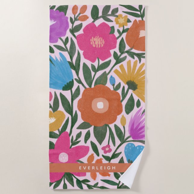 Bold Colorful Flowers Girls Name Beach Towel (Front)