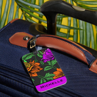 Bold Colorful Flowers on Dark Grey Personalised Luggage Tag