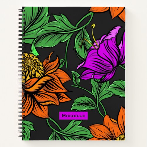 Bold Colorful Flowers on Dark Grey Personalised Notebook