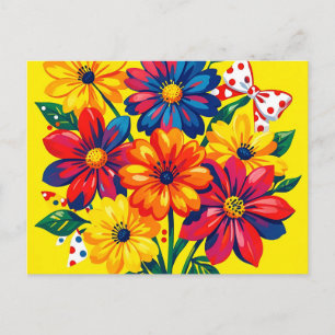 Bold Colorful Flowers Pop Art Bouquet Polka Dot Postcard
