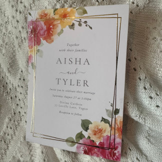 Bold Colorful Flowers Wedding Gold Foil Invitation