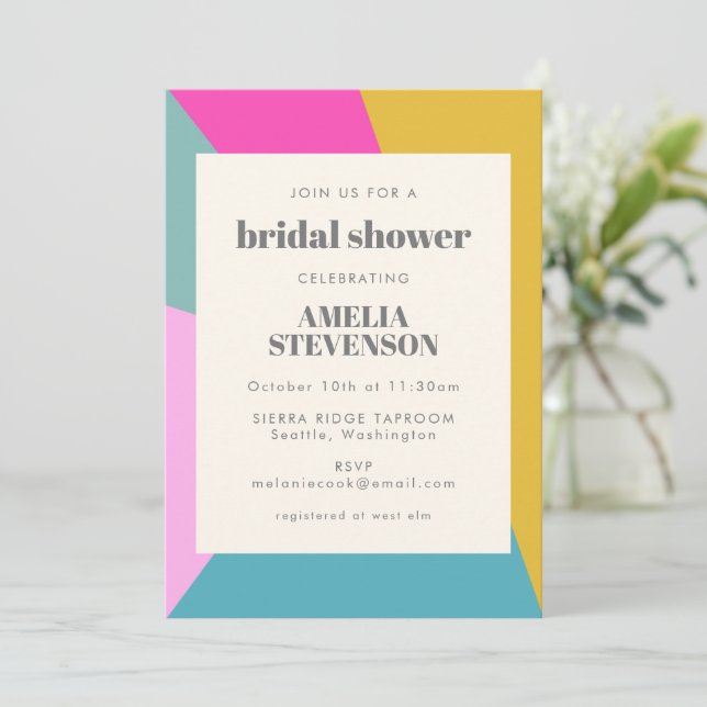 Bold Colorful Geometric Unique Bridal Shower Invitation (Standing Front)