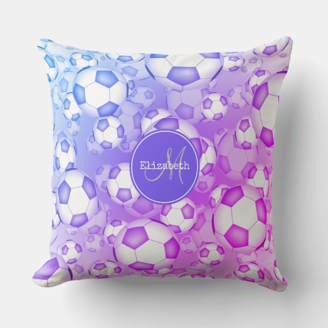bold colorful girly soccer balls pattern throw pillow (Front)