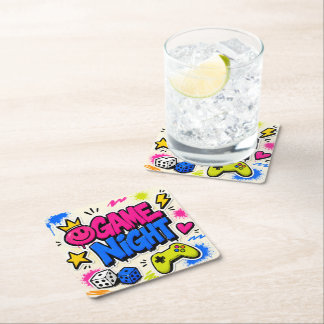 Bold Colorful Graffiti Game Night Good Vibes Square Paper Coaster