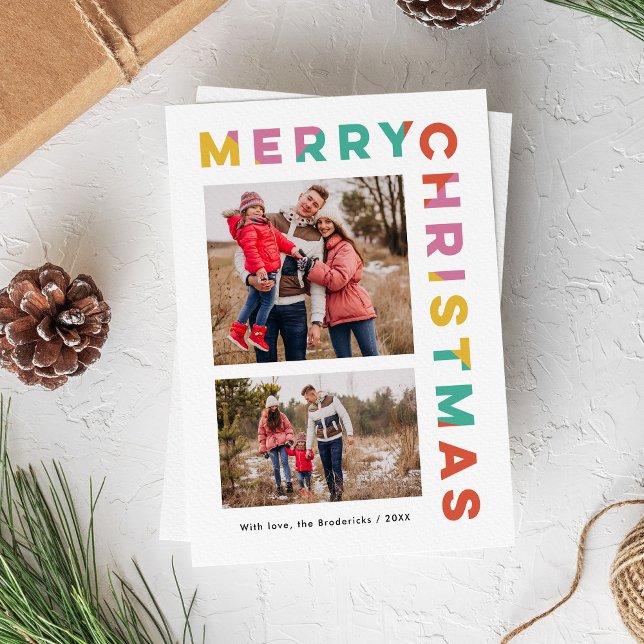 Bold Colorful Merry Christmas 2-Photo  Holiday Card (bold, modern, colorful Merry Christmas typography 2-photo card)