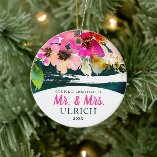 Bold Colorful Mr  Mrs Newlywed Wedding Christmas Ceramic Ornament