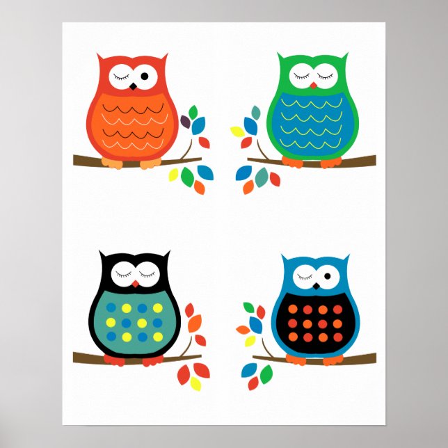 Bold Colorful Owls Nursery Prints (Four 8x10) (Front)