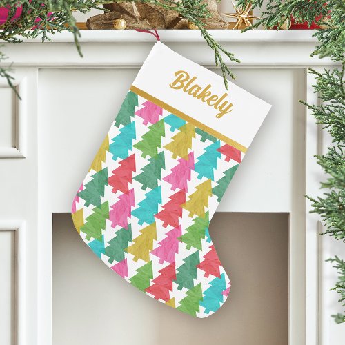 Bold Colorful Paper Trees Personalized Small Christmas Stocking