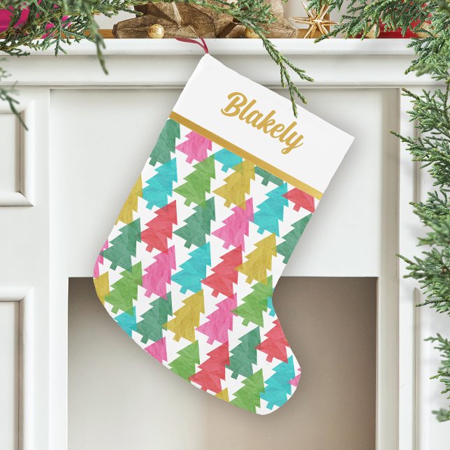 Bold Colorful Paper Trees Personalized Small Christmas Stocking (Creator Uploaded)