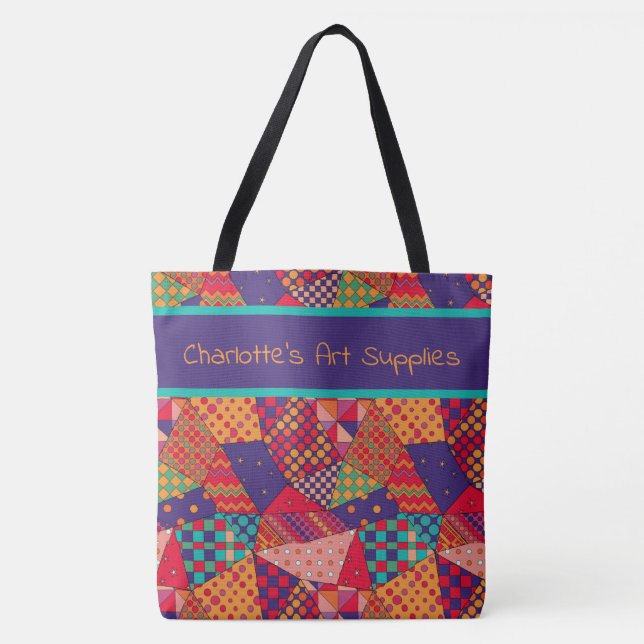 Bold colorful pattern, personalized art supplies tote bag (Front)
