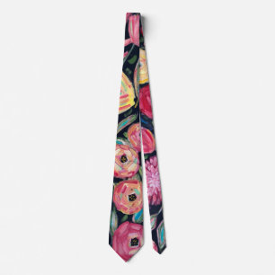 Bold Colorful Pink Floral Garden on Black Neck Tie