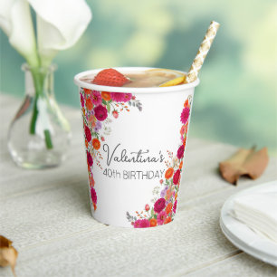 Bold Colorful Pink & Orange Floral Garden Birthday Paper Cups