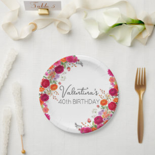 Bold Colorful Pink & Orange Floral Garden Birthday Paper Plates