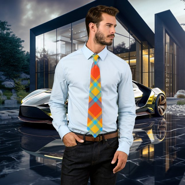 Bold Colorful Plaid Pattern Tie (Tie featuring a fantasy geometric plaid pattern in bold colors.)