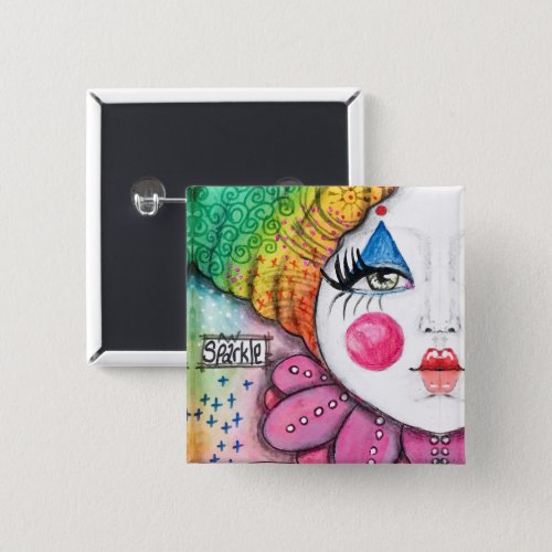 Bold Colorful Rainbow Clown Girl Fun Whimsical Art Button