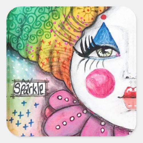 Bold Colorful Rainbow Clown Girl Fun Whimsical Art Square Sticker