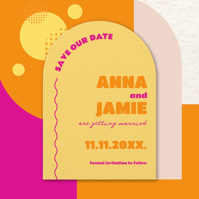 Bold Colorful Retro Arch Wedding Save the Date Invitation (Funky Groovy 70s Colorful Bold Retro Typography Arch Unique Wedding Save the Dates)