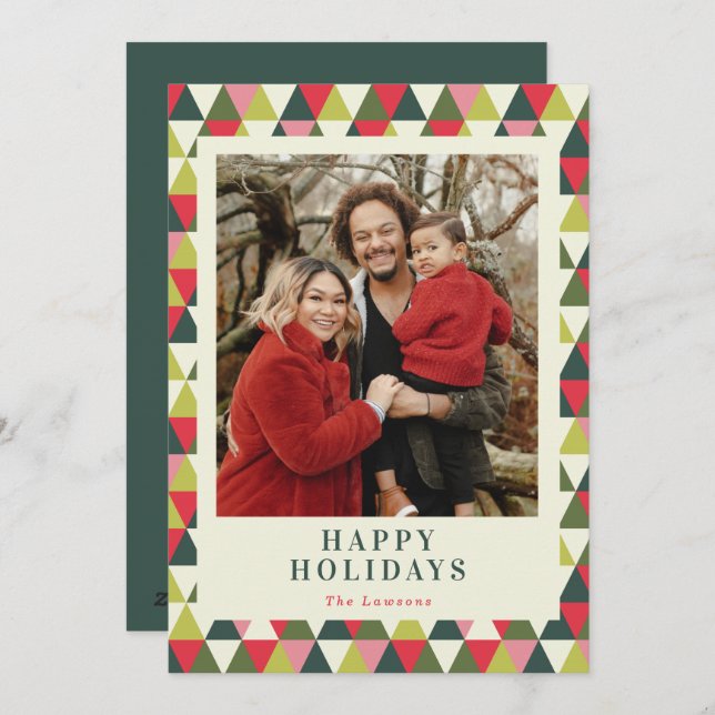 Bold Colorful Retro Geometric Triangles Photo Holiday Card (Front/Back)