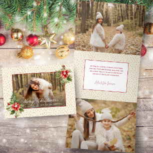 Bold Colorful Retro Vintage Christmas Floral Photo Tri-Fold Holiday Card