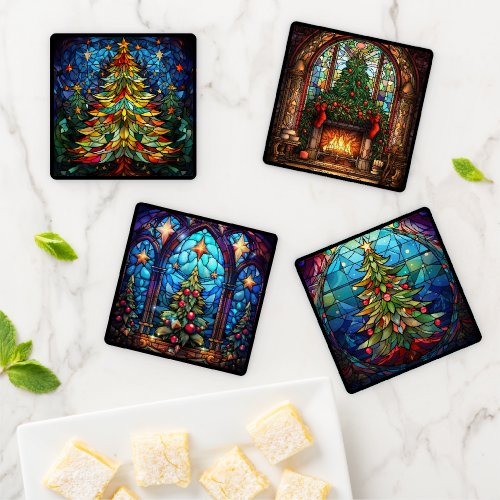 Bold Colorful Stained Glass Christmas Trees Coaster Set