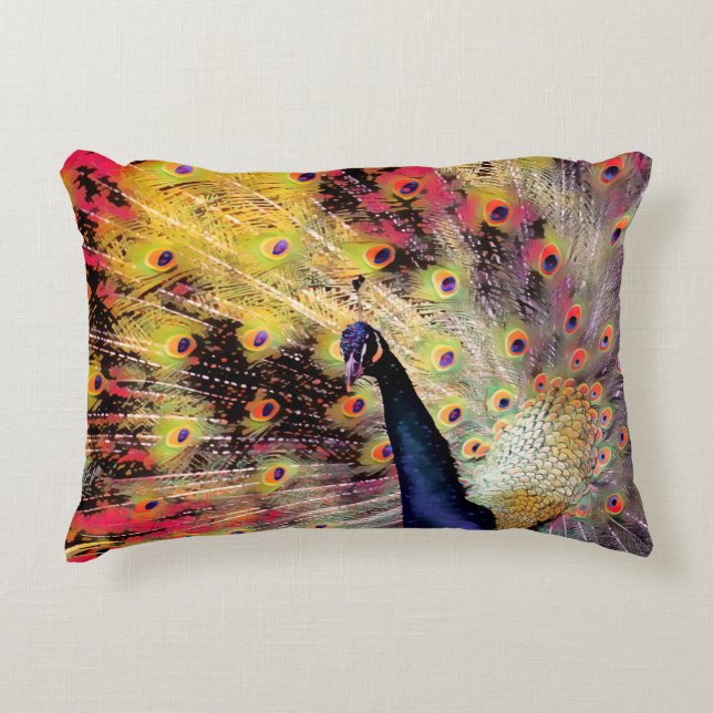 Bold Colorful Stylish Modern Peacock Artwork Accent Pillow (Front)