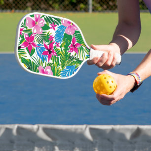 Bold Colorful Tropical Palm Leaves Flowers Pattern Pickleball Paddle