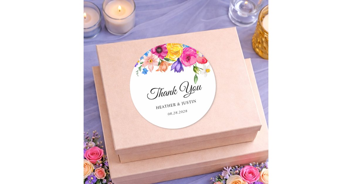 Bold Colorful Watercolor Floral wedding thank you Classic Round Sticker ...