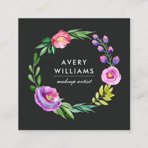 Bold Colorful Watercolor Floral Wreath  Black Square Business Card